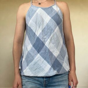 Blue and White Plaid Tank Top with Scoop Neck